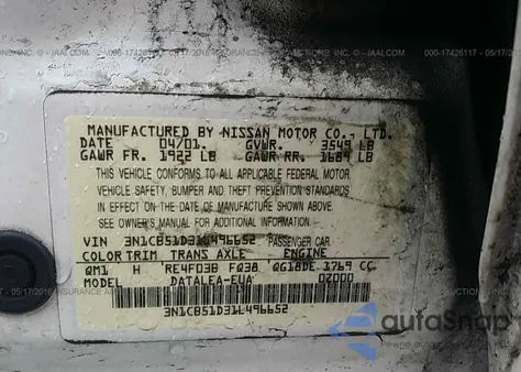 2001 Nissan Sentra Xe/Gxe z USA, uszkodzony, nr VIN 3N1CB51D31L496652